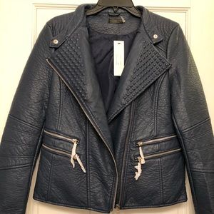 NAVY FAUX LEATHER JACKET W/ STUDDED COLLAR
